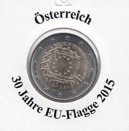 Österreich 2 € 2015, 30 Jahre EU - Flagge, bankfrisch aus der Rolle