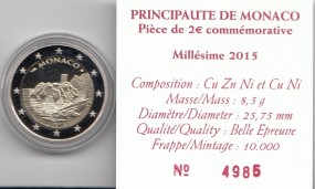 Monaco 2 € 2015, Forteresse, PP, im original Etui, Zertifikat u. Umkarton