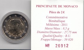 Monaco 2 € 2011, Hochzeit Albert , incl. Etui, Umkarton + Zertifikat