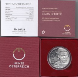 Österreich 20 € 2012, Schiele, Silber PP