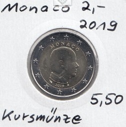 Monaco 2 € 2019 , Kursmünze Albert, bankfrisch