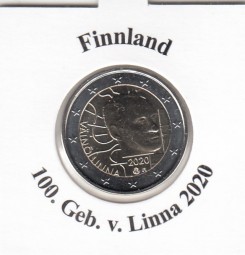 Finnland 2 € 2020, 100 Geb. v. Linna, bankfrisch aus der Rolle