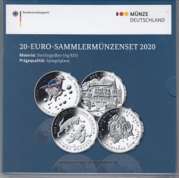 Deutschland 20 € 2020, Set in PP je 1 x Wolf + sieben Geißlein, Freiburg, Beethoven, Münchhausen