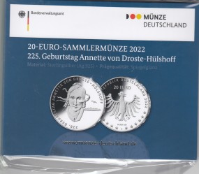 Deutschland 20 € 2022 225. Geburtstag A. von Droste-Hülshoff, PP