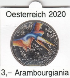 Österreich 3 € 2020, Arambourgiania Saurus in Fareb, bankfrisch