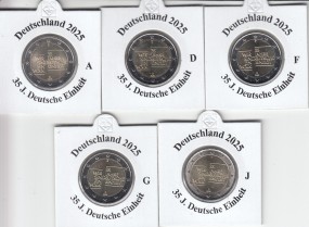 Deutschland 2 Euro 2025 Deutsche Einheit, bankfrisch aus der Rolle, A - J kpl.