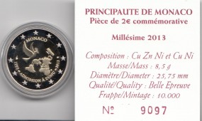 Monaco 2 € 2013, polierte Platte, 20 Jahre UNO, im original Etui, Umkarton + Zertifikat