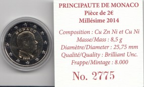 Monaco 2 € 2014 , Fürst Albert Kursmünze, incl. Etui, Umkarton + Zertifikat